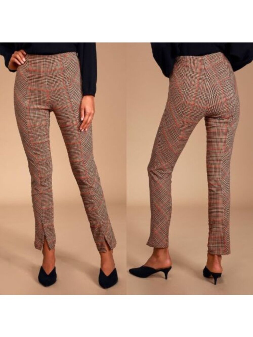 Free People Flyin High Black and Tan Plaid Slit Hem Skinny Pants Women's 12